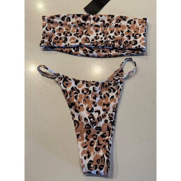 Nasty Gal US4 Animal Print Bikini Top High Cut Bottom Bandeau Leopard Swim - Picture 4 of 10